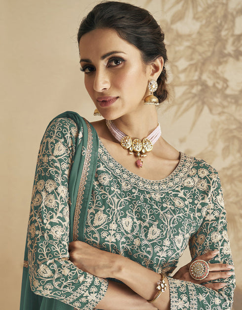 Green Faux Georgette Sharara Suit Closure View