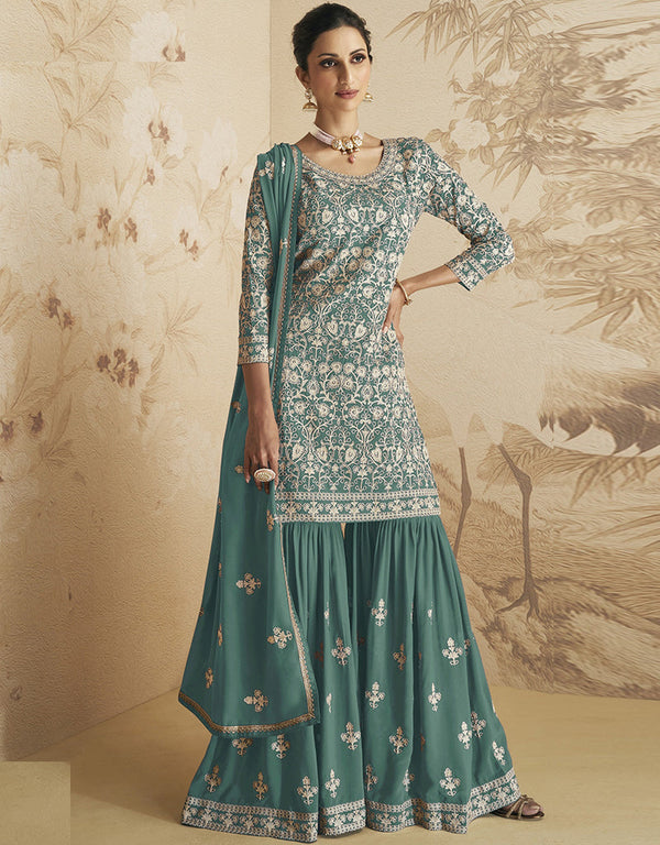 Green Faux Georgette Sharara Suit