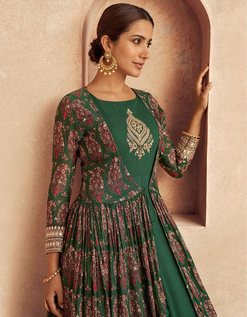 Green Chinon Pant Anarkali Closure View