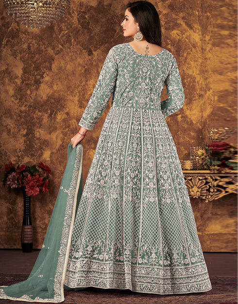 Green Net Pant Anarkali Closure View