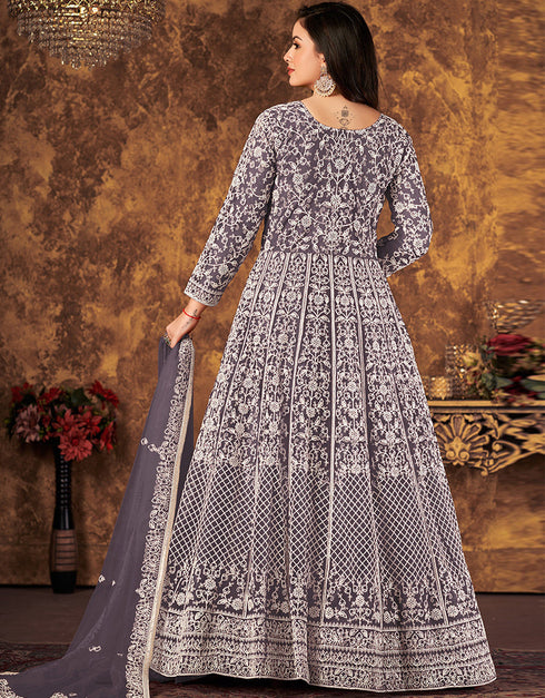 Purple Net Pant Anarkali Closure View