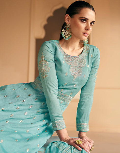 Sky Blue Premium Silk N/A Anarkali Back View