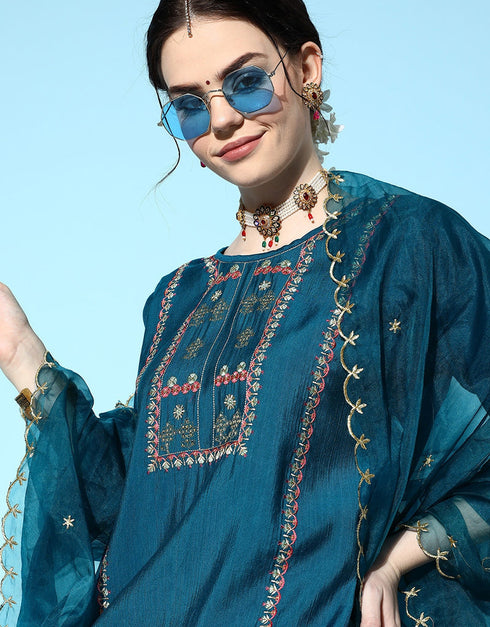 Teal Blue Viscose Rayon Pant Straight Salwar Kameez