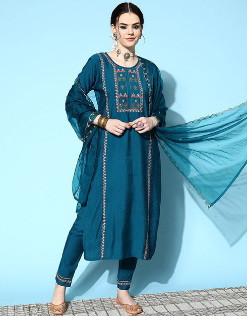 Teal Blue Viscose Rayon Pant Straight