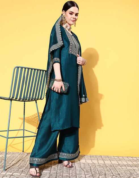 Teal Blue Viscose Rayon Palazzo Straight Closure View