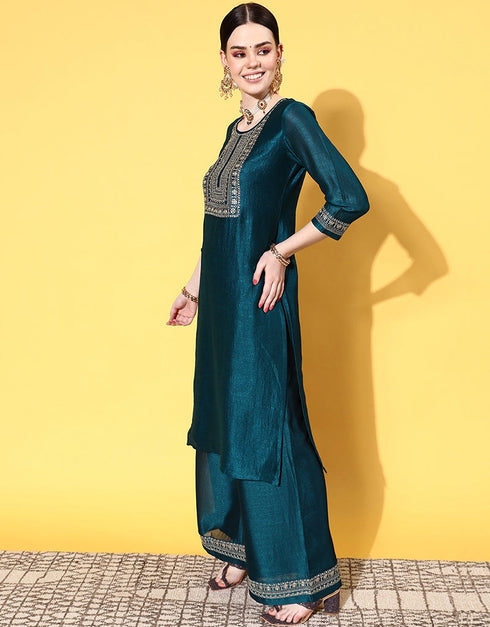 Teal Blue Viscose Rayon Palazzo Straight Back View