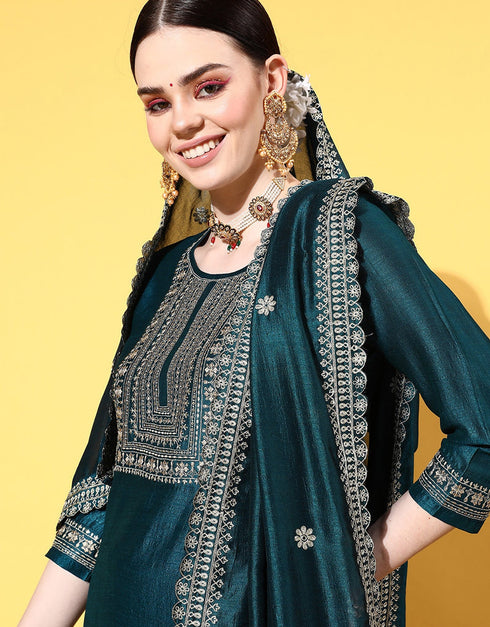 Teal Blue Viscose Rayon Palazzo Straight Salwar Kameez