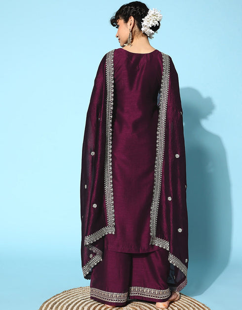 Wine Viscose Rayon Palazzo Straight Back View