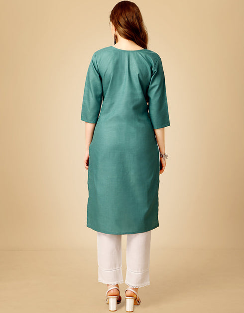 Teal Cotton Magic Slub Pant Straight Back View