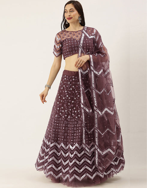 Burgundy Net Lehenga Choli Closure View
