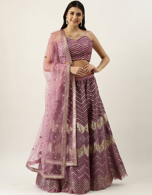Purple Net Lehenga Choli Closure View