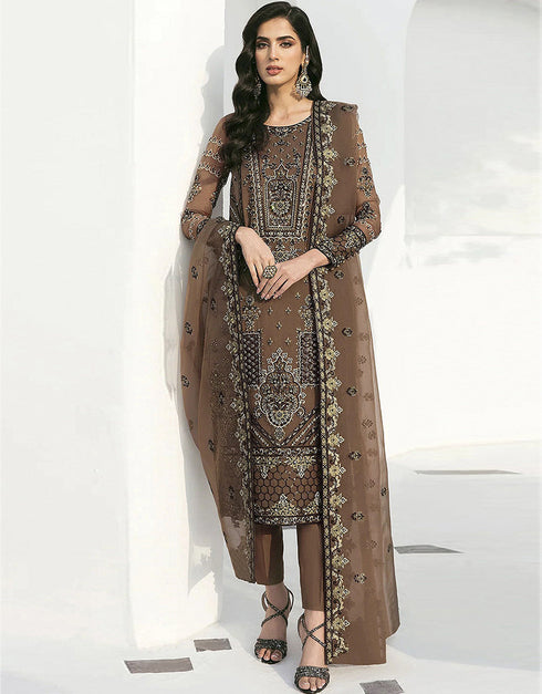Brown Faux Georgette Pant Pakistani Suit