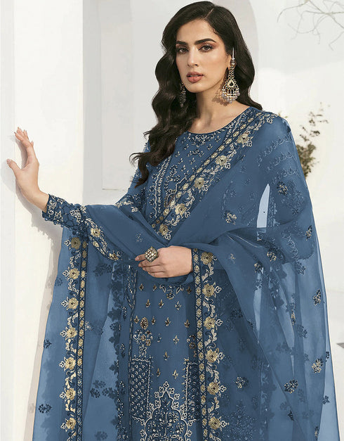 Blue Faux Georgette Pant Pakistani Suit Closure View