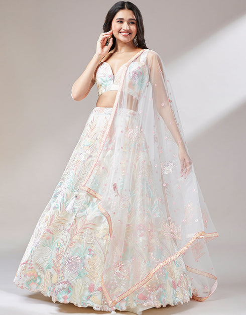Cream Net Lehenga Choli Closure View