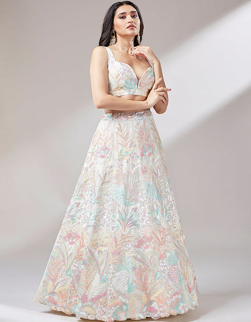 Cream Net Lehenga Choli Back View