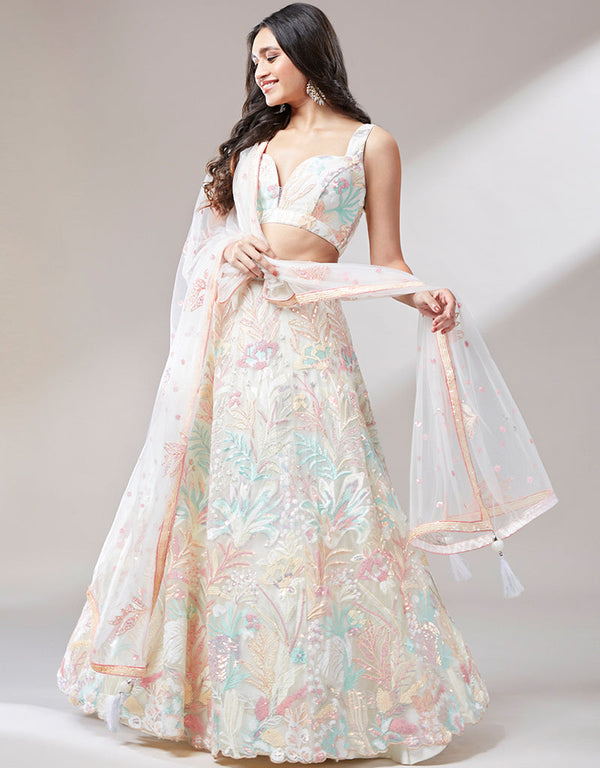 Cream Net Lehenga Choli