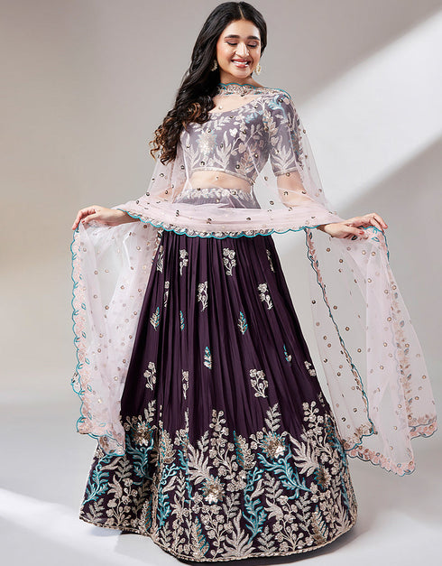 Burgundy Poly Georgette Lehenga Choli Closure View