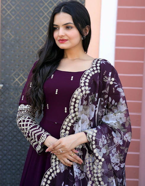 Wine Faux Blooming N/A Gown Salwar Kameez