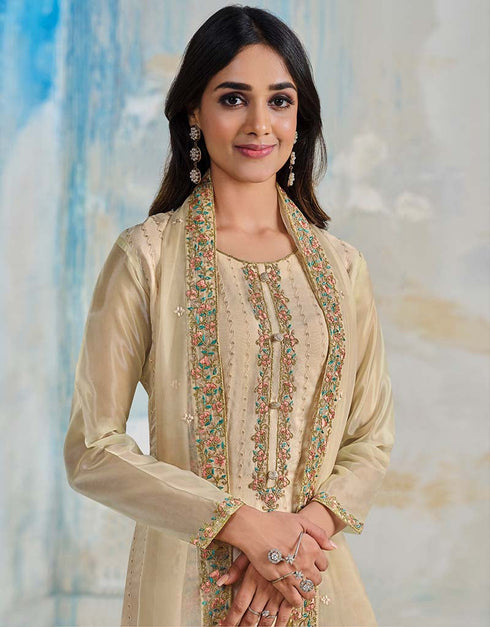 Beige Soft Organza Satin Pant Straight Closure View