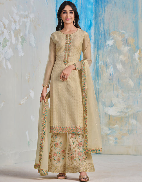 Beige Soft Organza Satin Pant Straight