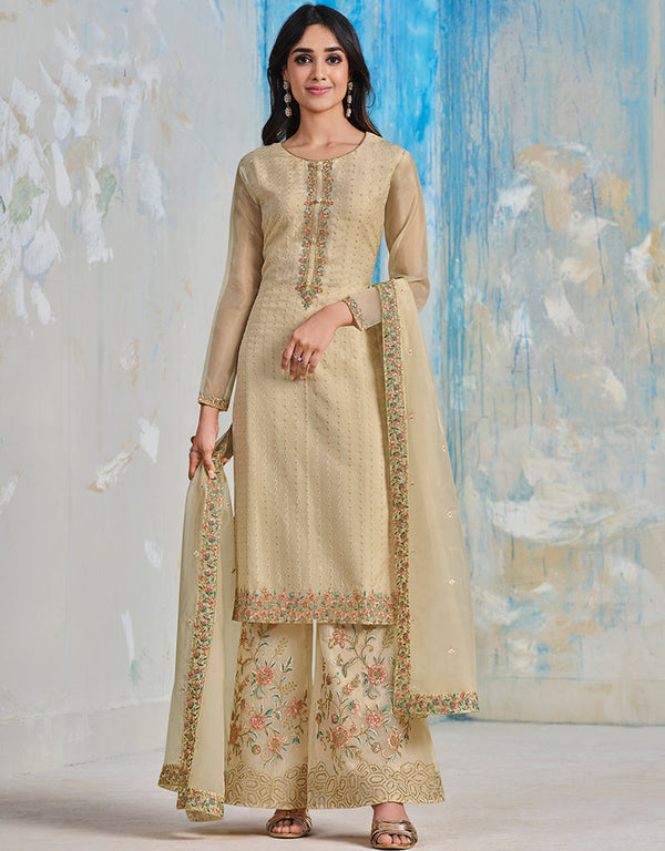 Beige Soft Organza Satin Pant Straight