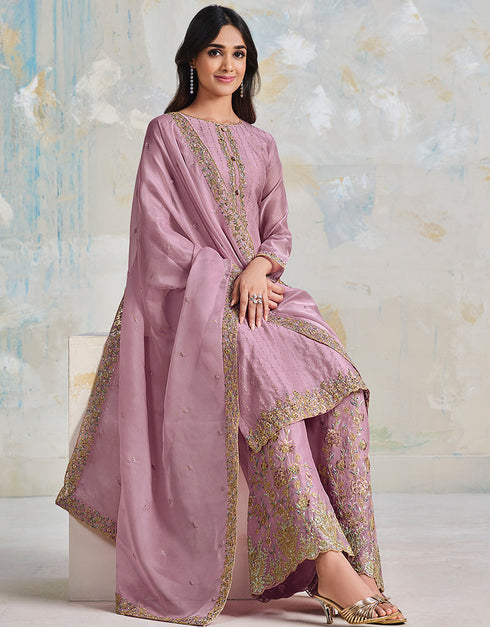 Onion Pink Soft Organza Satin Pant Straight Closure View