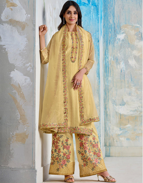 Yellow Soft Organza Satin Pant Straight Closure View