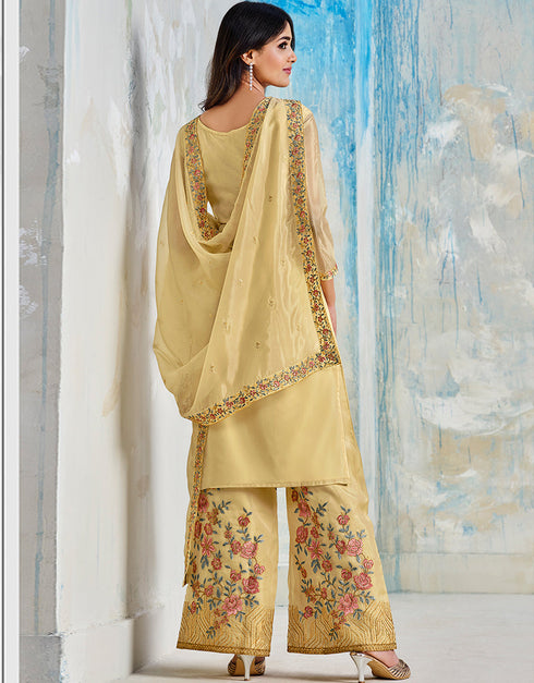 Yellow Soft Organza Satin Pant Straight Back View