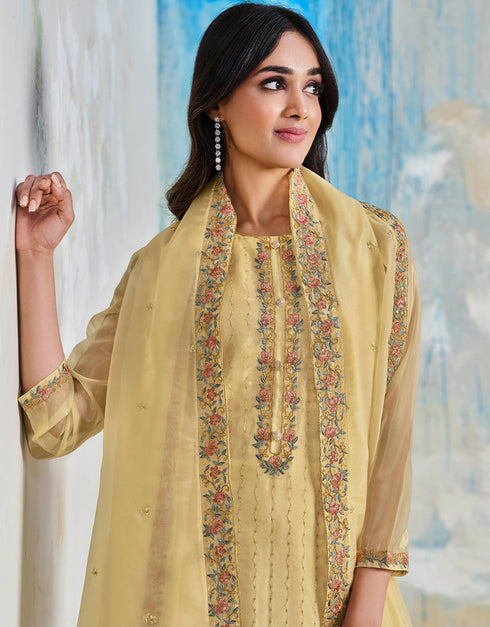 Yellow Soft Organza Satin Pant Straight Salwar Kameez