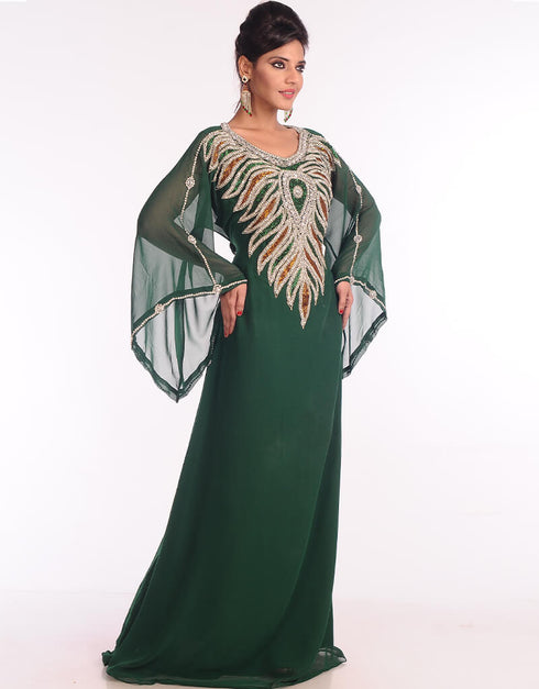 Dubai Bottle Green Georgette Hand Embroidery Party Wear Kaftan