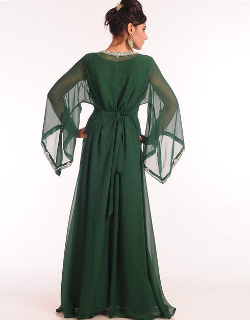 Dubai Bottle Green Georgette Hand Embroidery Party Wear Kaftan