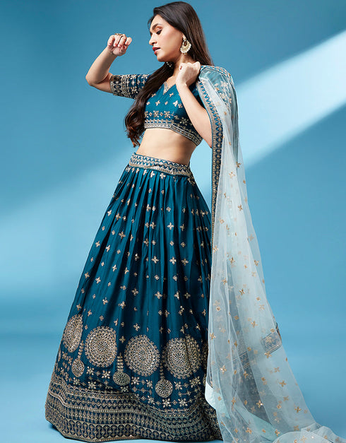 Teal Poly Georgette Lehenga Choli Closure View