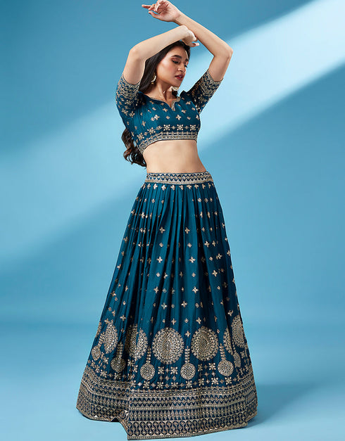 Teal Poly Georgette Lehenga Choli Back View