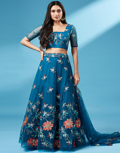 Teal Net Lehenga Choli Closure View