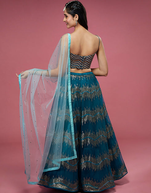 Teal Silk Lehenga Choli Back View