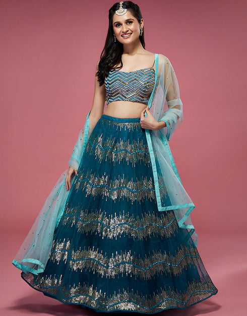 Teal Silk Lehenga Choli