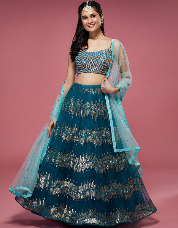 Teal Silk Lehenga Choli