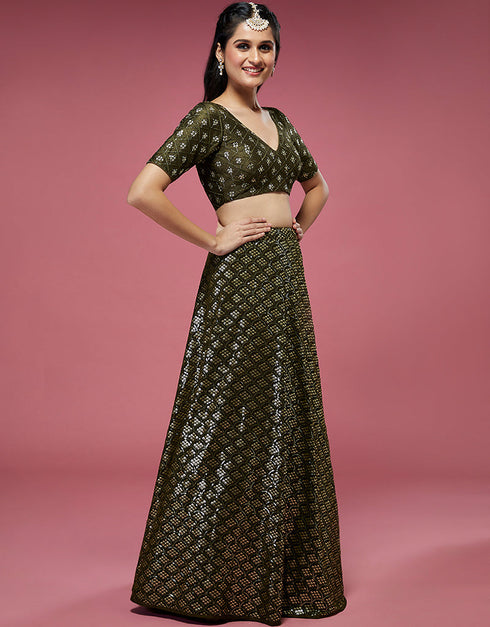 Olive Green Silk Lehenga Choli Closure View