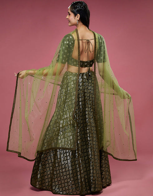 Olive Green Silk Lehenga Choli Back View