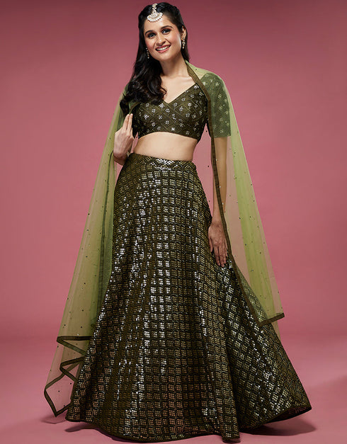 Olive Green Silk Lehenga Choli
