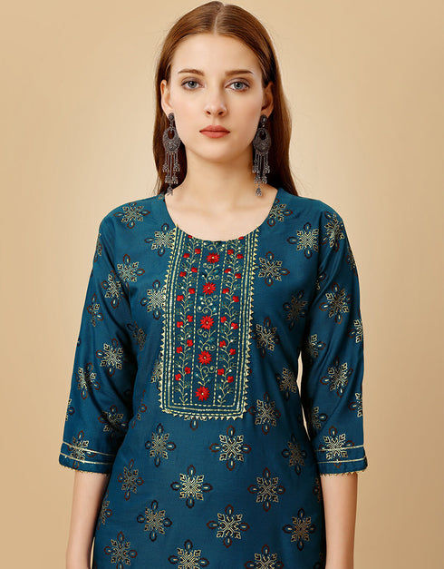 Teal Heavy Rayon 14 Kgs Pant Straight Salwar Kameez