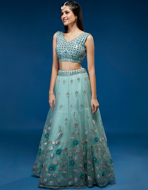 Turquoise Blue Net Lehenga Choli Closure View