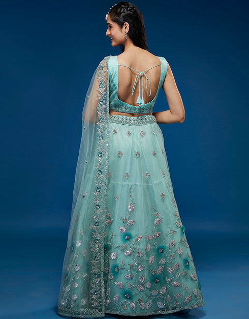 Turquoise Blue Net Lehenga Choli Back View