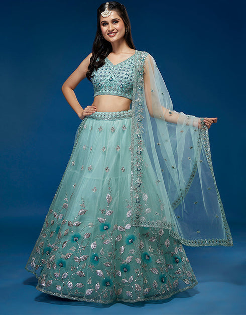 Turquoise Blue Net Lehenga Choli