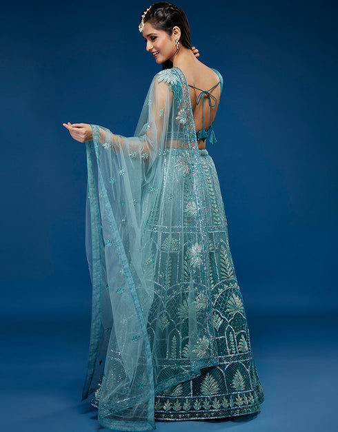 Blue Net Lehenga Choli Back View