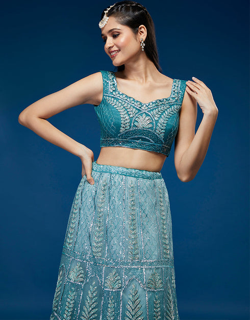 Blue Net Lehenga Choli Salwar Kameez