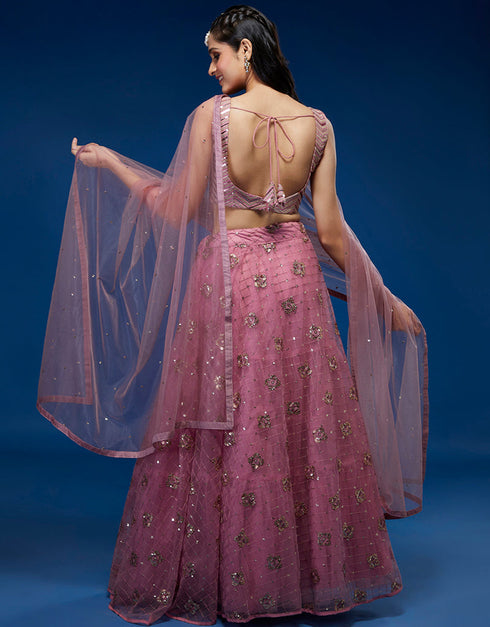 Pink Net Lehenga Choli Back View