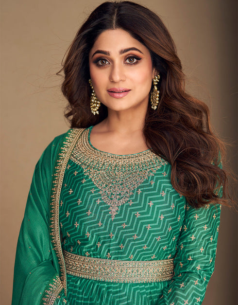 Rama Green Chinon Silk N/A Anarkali Back View