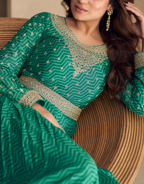 Rama Green Chinon Silk N/A Anarkali Salwar Kameez