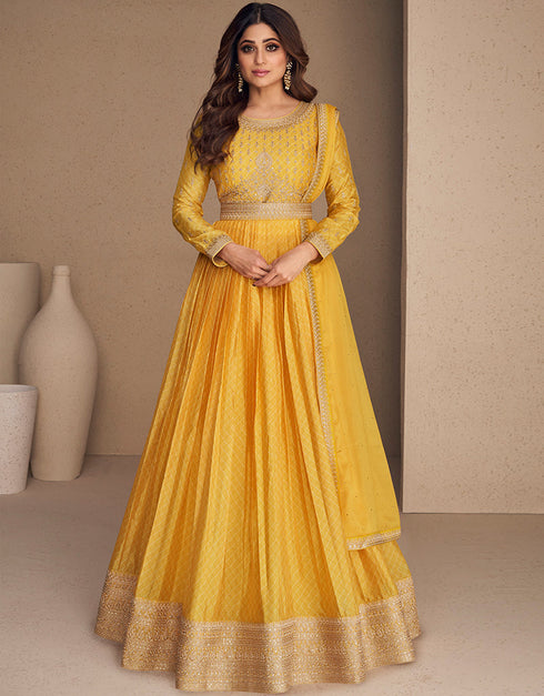Yellow Chinon Silk N/A Anarkali Closure View